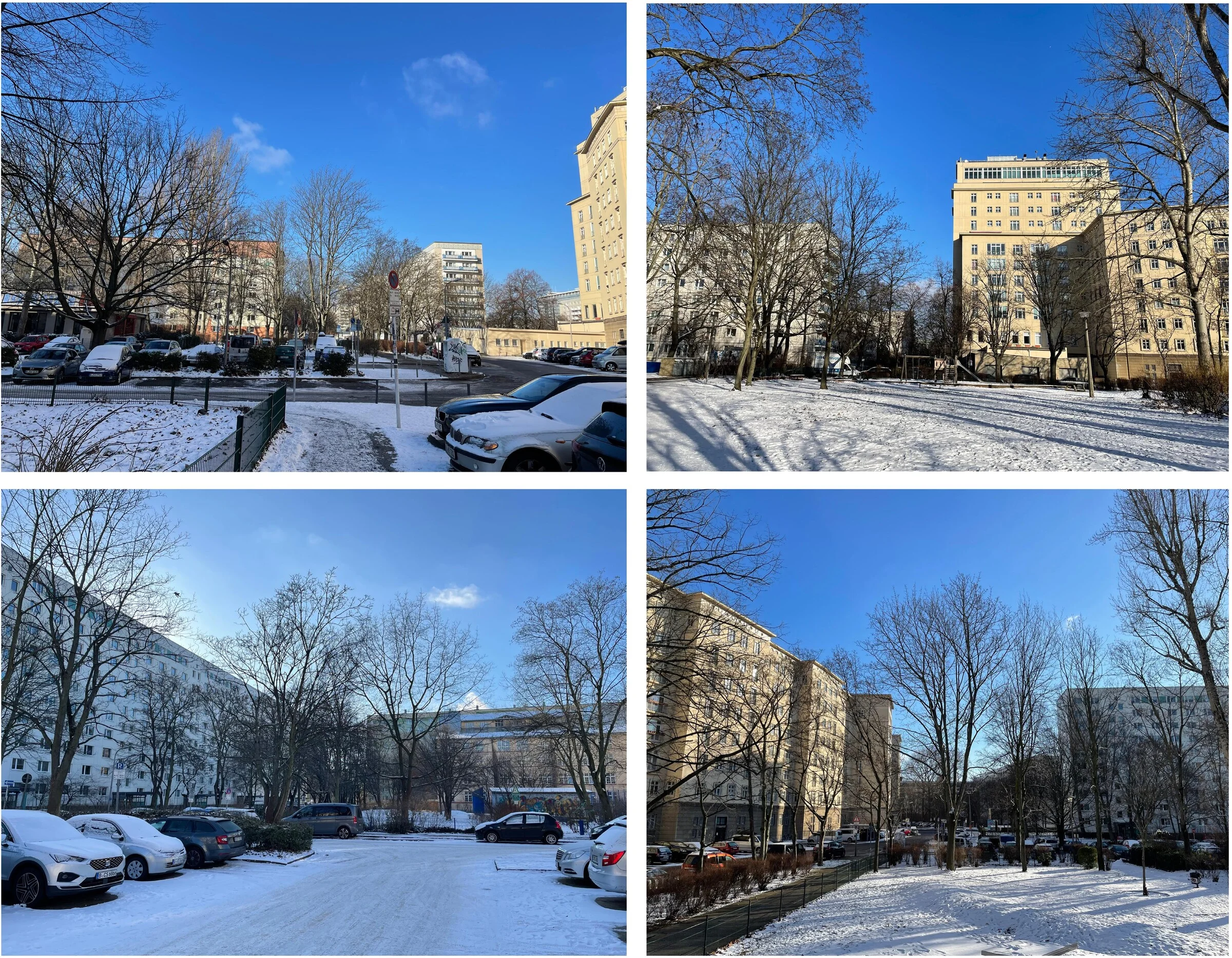 Das Grundstück im Winter — Plattenbauten und Parkfläche