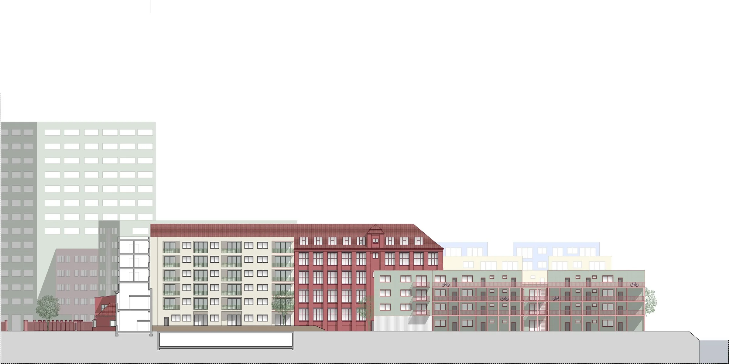 Vertiefung — Ansicht West, Bestand und Neubau im Zusammenklang
